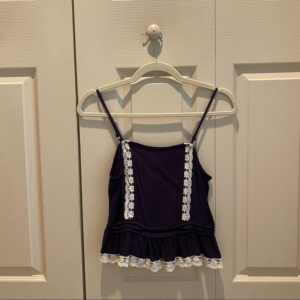 Lulus Navy Blue Eyelet Lace Crop Top Ruffle Cami Adjustable Straps